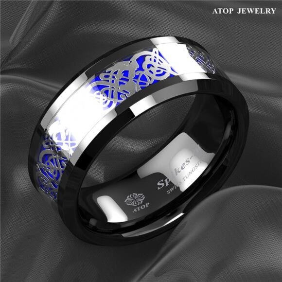Men's Wedding Band Rings - Blue Black Silver Celtic Dragon Design Wedding Rings - Picture 5 of 8